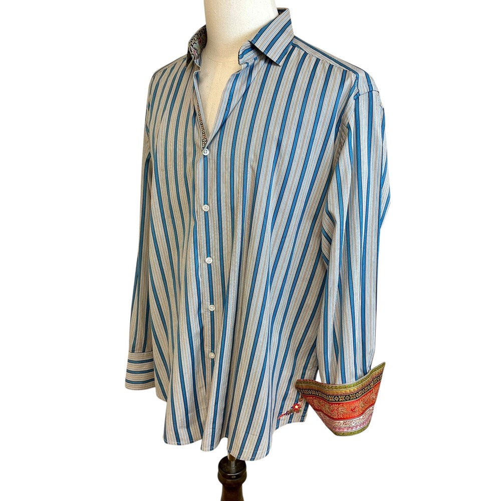 ROBERT GRAHAM Long Sleeve Button Down Striped Mens Shirt XL Silk Fold Back Cuffs - Picture 6 of 14